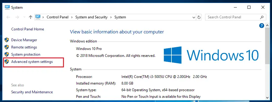 Windows advanced system settings