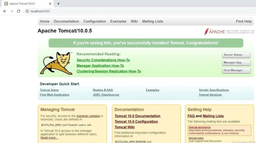 Tomcat web server successful installation - web servers list